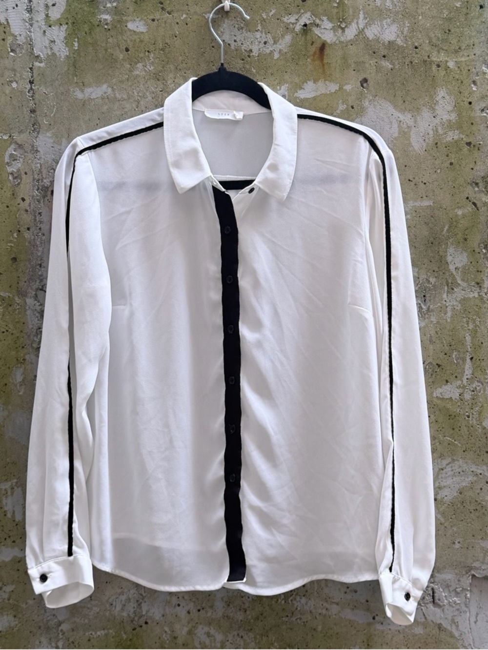 ✨3 for $50✨ Lush Sheer Button Up Blouse, White Shirt with Black Trim, Small